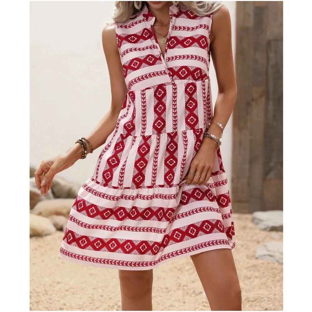 Boho Geo Print Sleeveless Ruffle Dress - Picture 1 of 12